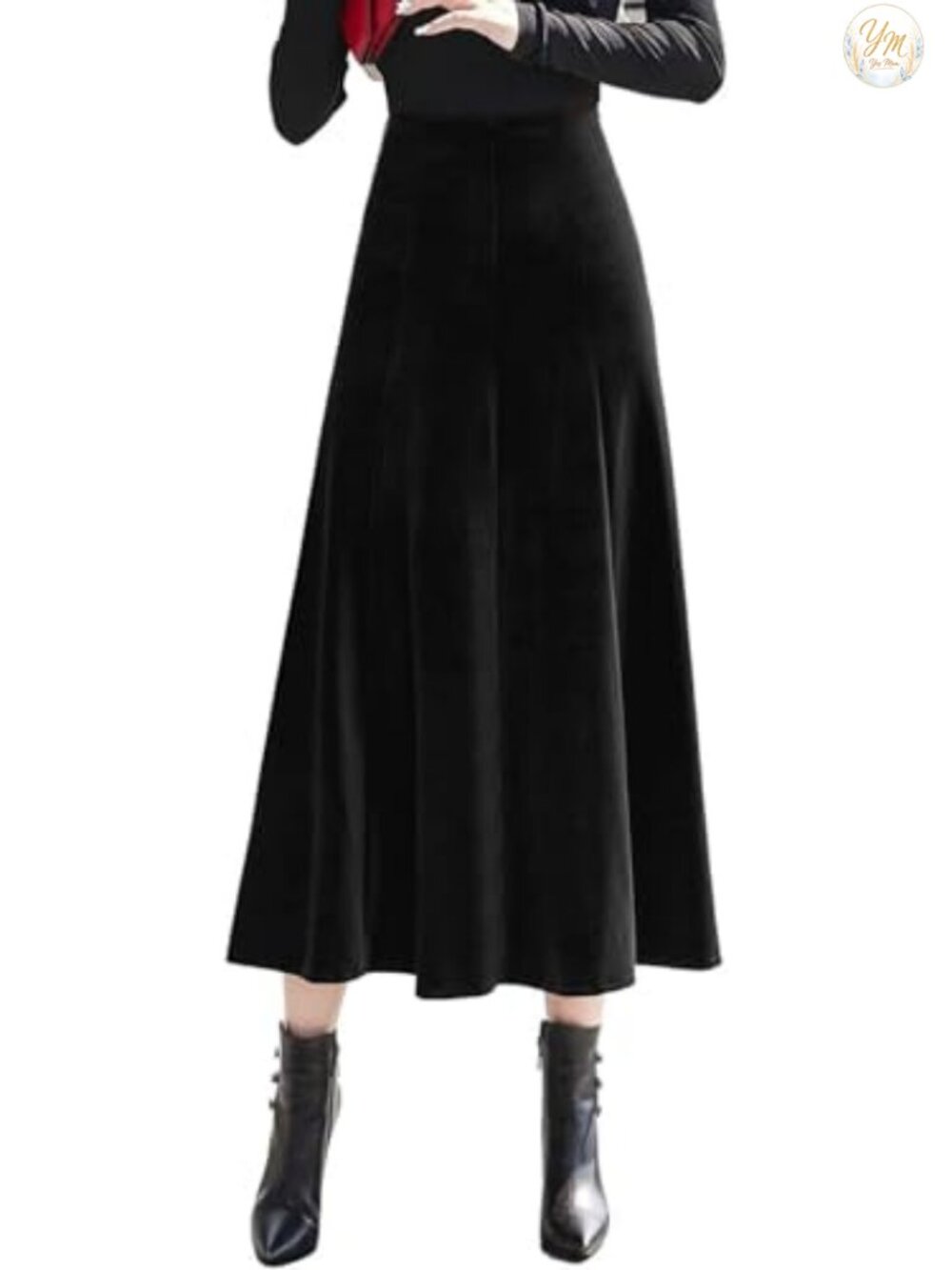 High Waist Pleated Velvet Midi Skirt with Pockets A-Line Flowy